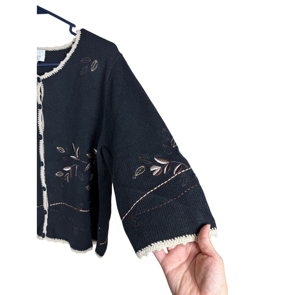 Christopher & Banks Black Embroidered Leaf Cardigan Hand Crochet Trim XL - Picture 4 of 7